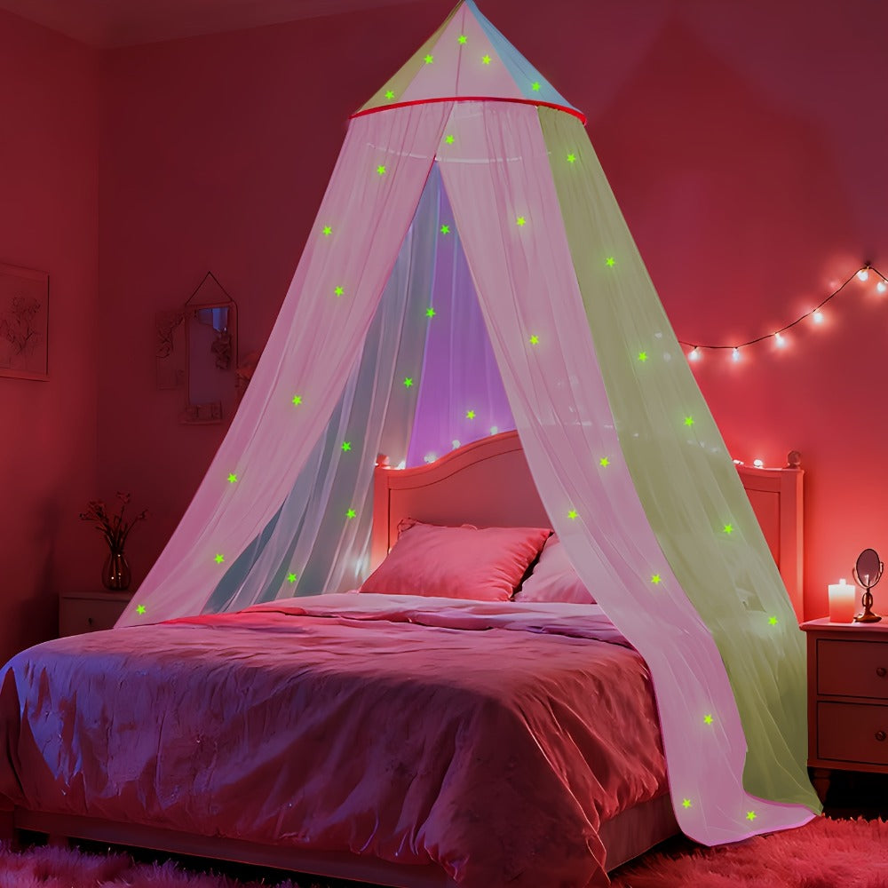 Bed Canopy for Girls Princess Rainbow Glow in the Dark Stars Colorful Canopy Curtain Fits Single Full Queen Size Bed Kids Room Decor Ceiling Tent Netting Machine Washable