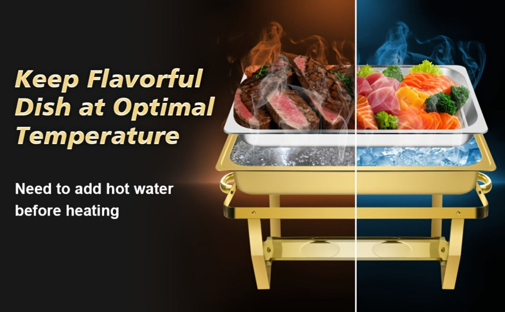 Chafing Dish Buffet Set 8QT Gold - Stainless Steel Food Warmer with Lid Foldable Stand & Golden Serving Tongs for Parties Weddings Catering Events, 1 or 4 Pack