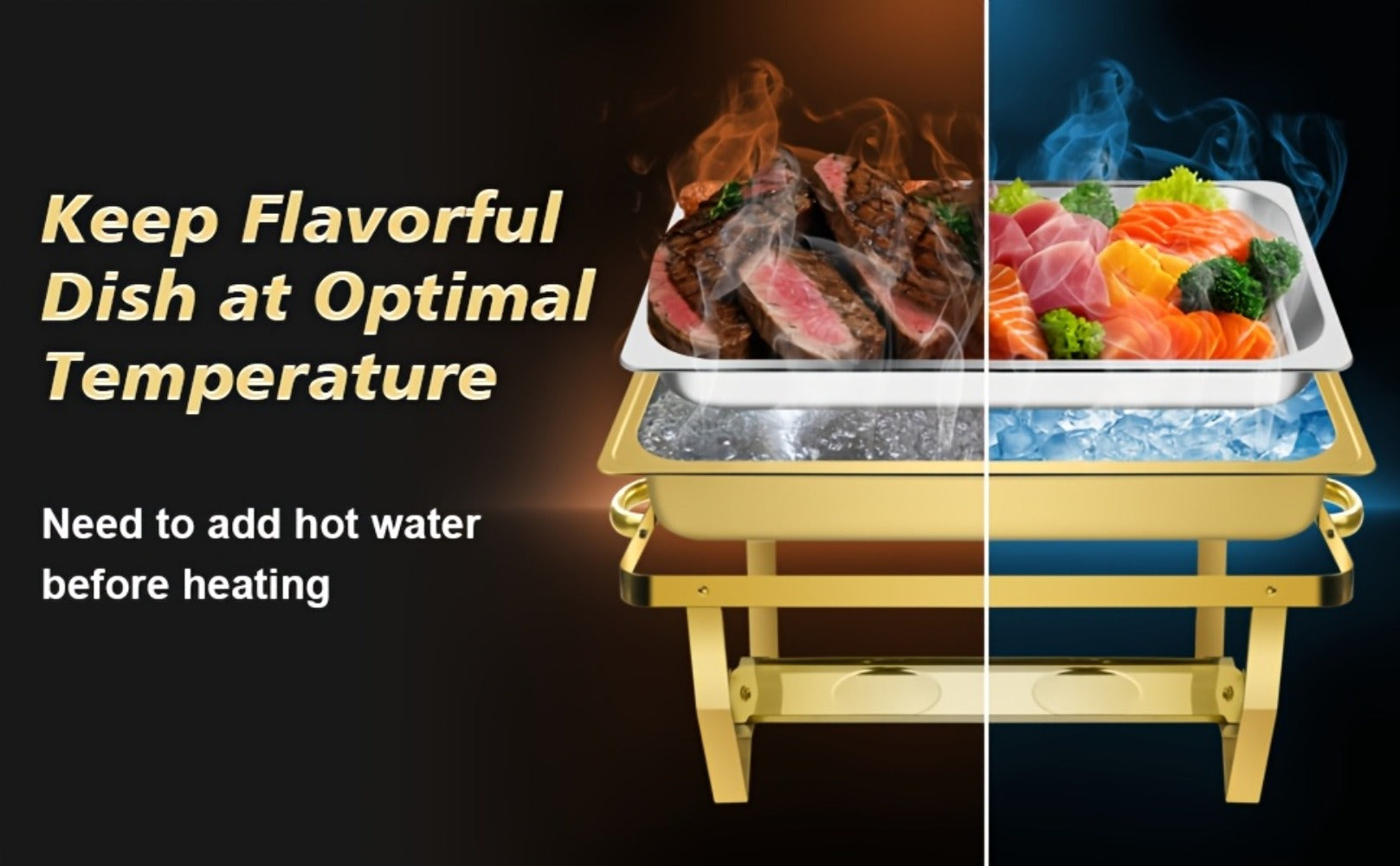 Chafing Dish Buffet Set 8QT Gold - Stainless Steel Food Warmer with Lid Foldable Stand & Golden Serving Tongs for Parties Weddings Catering Events, 1 or 4 Pack