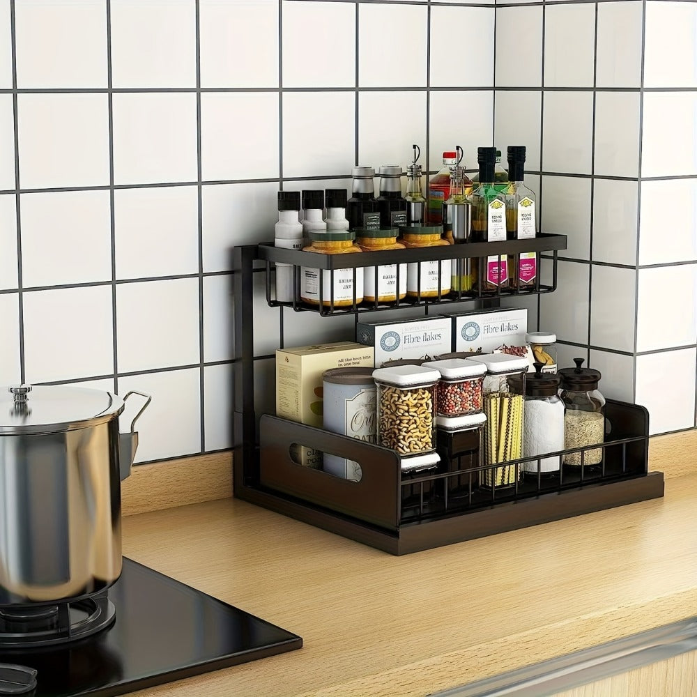 L-Shaped Sliding Drawer Organizer ¨C Heavy-Duty Under Sink Storage Rack, Space-Saving Cabinet Organizer for Kitchen, Bathroom, Garage & Workshop, Large Capacity, Black & White