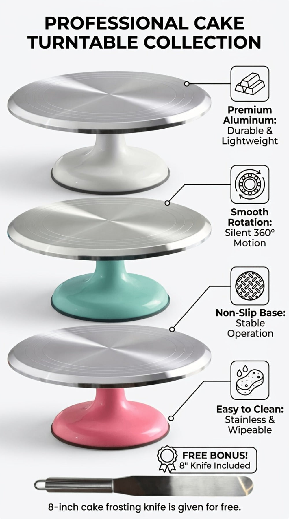Cake Turntable Stand 10 Inch Aluminum 360 Degree Smooth Rotation with Frosting Spatula - Heavy Duty Rotating Cake Decorating Stand for Baking Birthday Wedding Holiday Desserts, Non-Slip Base Baking Supplies