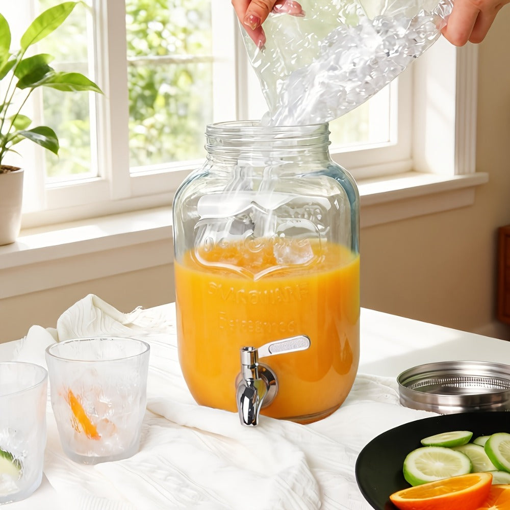 Glass Drink Dispenser with Fruit Infuser, Ice Cylinder & Stainless Steel Spigot ¨C 1 Gallon Beverage Dispenser with Stand for Parties, Weddings, BBQ & Lemonade