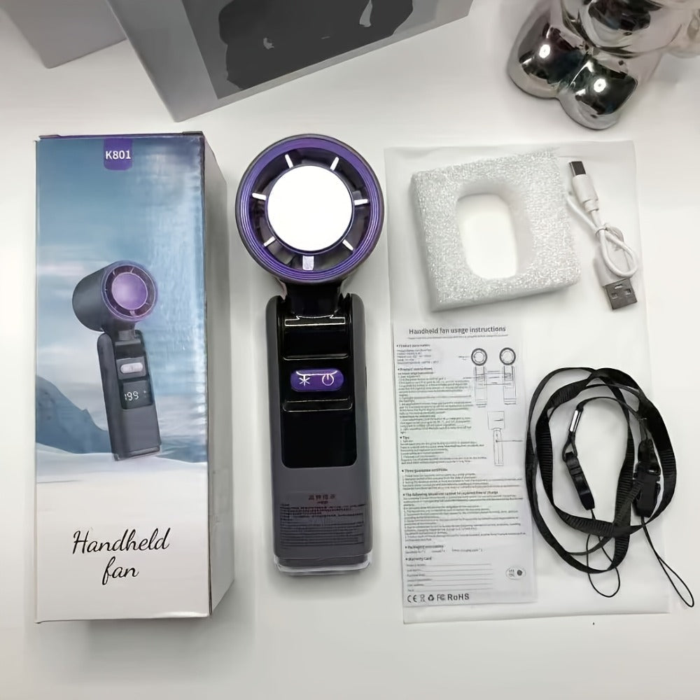 Handheld Ice Pack Fan High-Speed Semiconductor Cooling | 100-Speed Digital Display Turbo Fan with LED Light, Foldable Portable Design for Outdoor, Travel & Daily Use ¨C Purple, Beige, Pink, Black & White