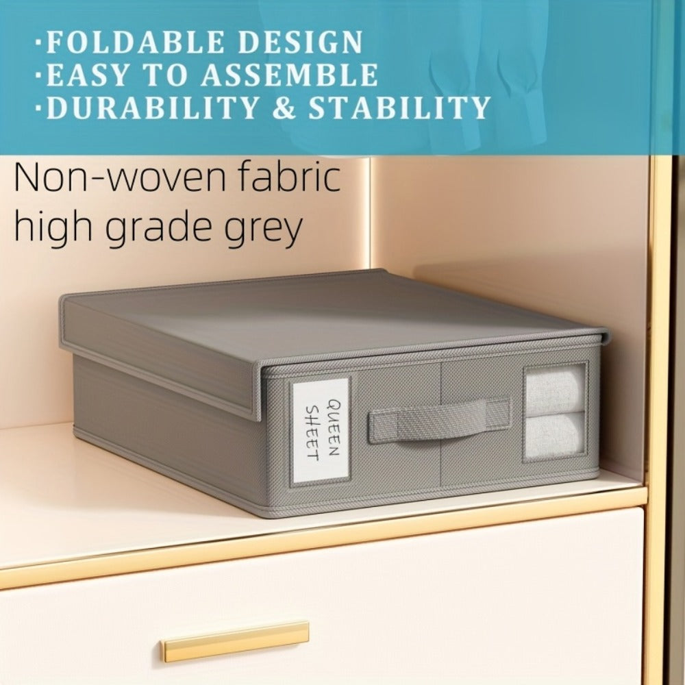 Bed Sheet Storage Organizer Boxes 4-Pack Foldable Fabric Bins with Clear Window & Label, Closet Bedding Storage Box for Sheets Duvet Covers Blankets Pillowcases, Oxford or Non-Woven, Grey Beige