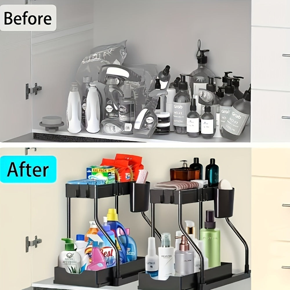 Under Sink Organizer 2-Tier Sliding Cabinet Basket with Hooks ¨C Adjustable Bathroom Kitchen Shelf Storage Rack for Cabinets