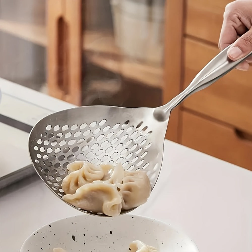 Stainless Steel Slotted Spoon Large Cooking Spoon for Frying Hot Pot Draining Serving - Durable Kitchen Utensil for Deep Frying Soups Stews Straining with Long Handle
