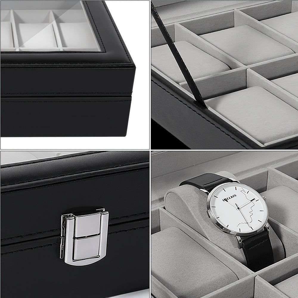 Watch Box Organizer 12 Slot PU Leather, Watch Display Case with Glass Lid Removable Pillow Metal Clasp, Jewelry Box Gift for Him Her Valentine's Day Birthday Christmas