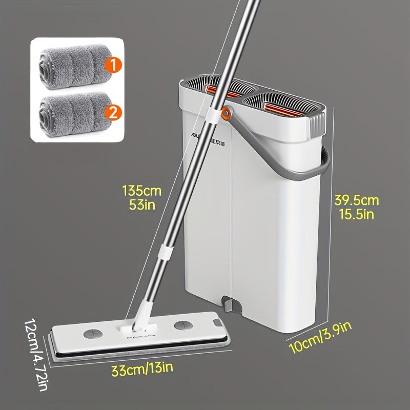 Flat Mop and Bucket Set with Metal Rod 360 Degree Swivel Head Reusable Microfiber Pads Hands-Free Wringing Wet Dry Floor Cleaning System for Hardwood Tile Bathroom Bedroom Living Room