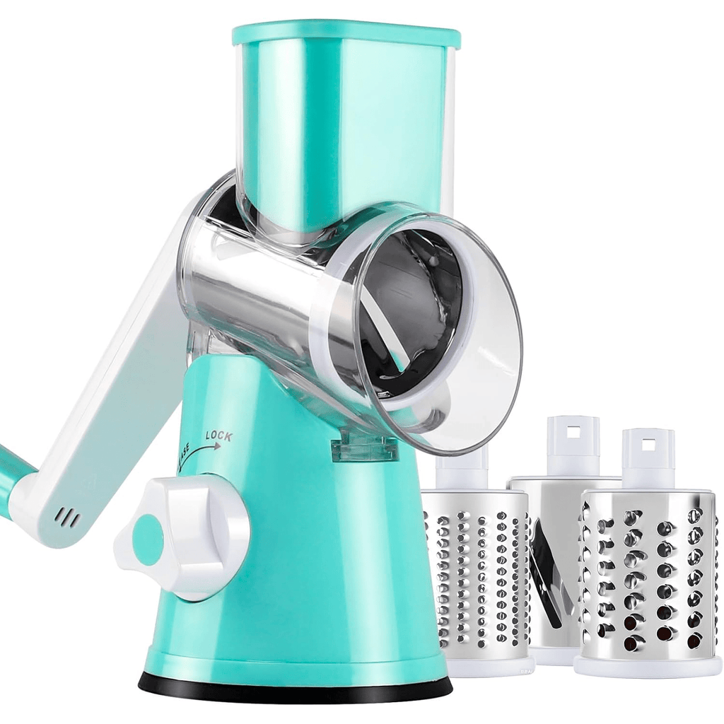 Rotary Cheese Grater ¨C Stainless Steel Hand Crank Shredder with 3 Interchangeable Blades, Non-Slip Suction Base & Cleaning Brush, BPA-Free Vegetable Grater for Cheese, Nuts & Vegetables