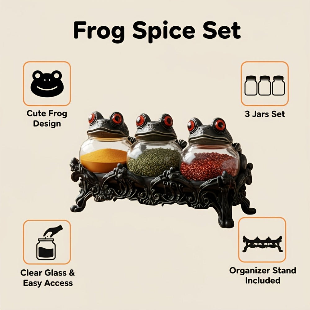 Gothic Witch Frog Spice Jars Set of 3 with Engraved Bases & Spoon ¨C Vintage Pharmacist Jars with Frog Lids for Dark Kitchen Decor, Halloween Herb Storage