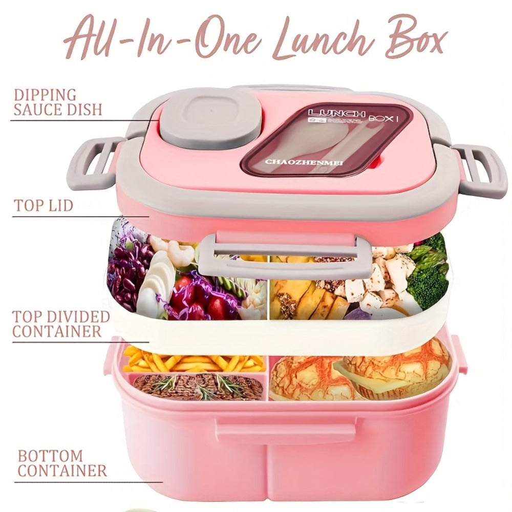 Bento Box 2-Layer with Multiple Compartments - Complete Set with Cup Bag Cutlery and Sauce Box, Microwave Safe Lunch Box for School Work and Outdoor Meals, Leak Proof Temperature Retentive Food Container Available in White Pink and Blue
