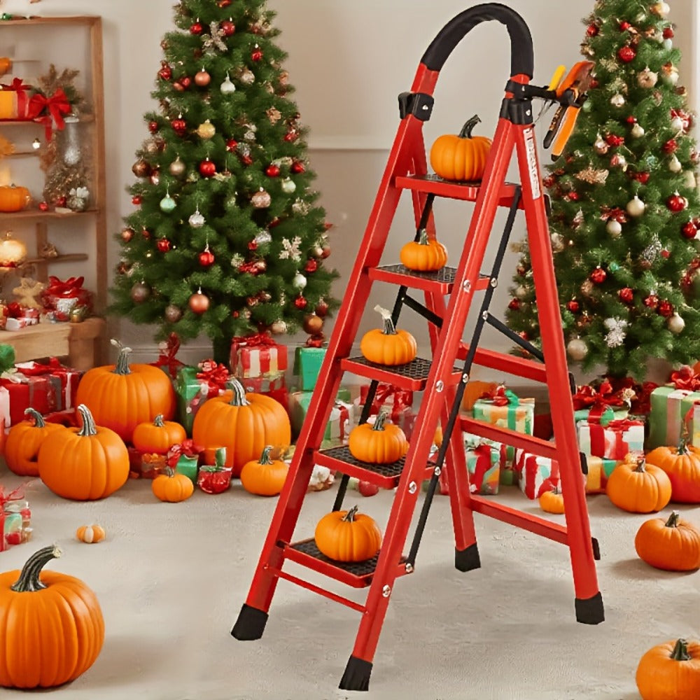 Folding Step Ladder 3 / 4 / 5 Step with Anti-Slip Pedal & Tool Tray ¨C 450 LBS Capacity Portable Steel Step Stool for Adults, Home, Kitchen, Library & Office Use ¨C Red & Black Options