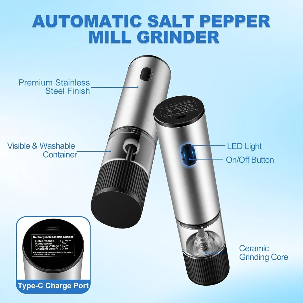 Electric Pepper Grinder USB-C Rechargeable ¨C 5-Level Adjustable Coarseness, One-Hand Operation, Stainless Steel Pepper Mill with Ceramic Core for Kitchen Cooking, Outdoor BBQ & Grilling