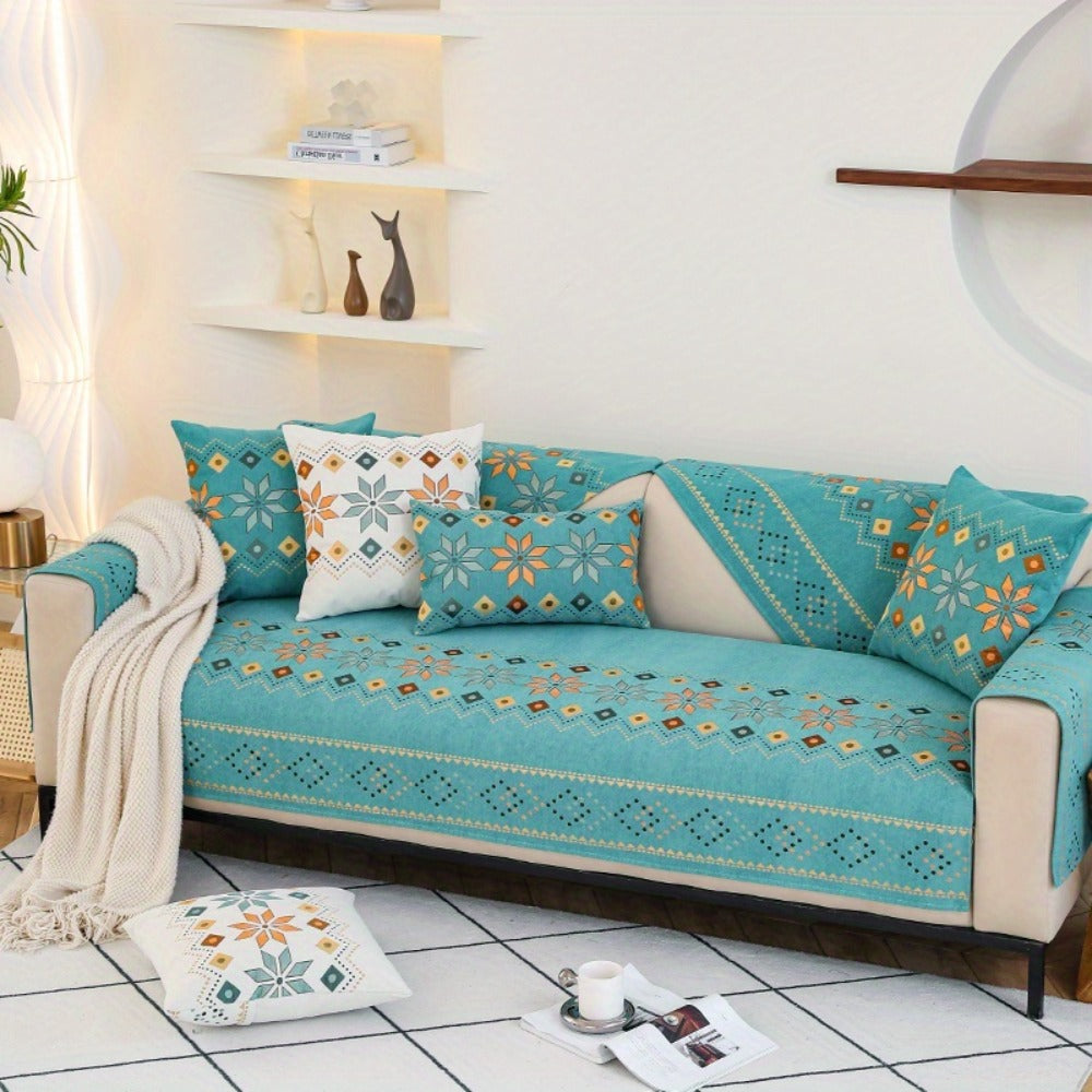 Chenille Sofa Cover Bohemian Style Jacquard Knit Anti-Slip Pet Friendly All Season Sofa Mat Protector - Single 2 3 4 Seater Armrest Backrest Pillow Case Grey White Yellow