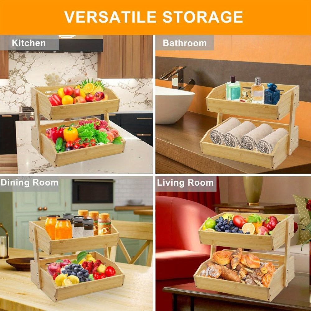 Bamboo Fruit Storage Rack 2-3 Tier with Hooks, Kitchen Counter Organizer for Fruits Vegetables Bread Spices, Freestanding Shelf Basket Display Stand