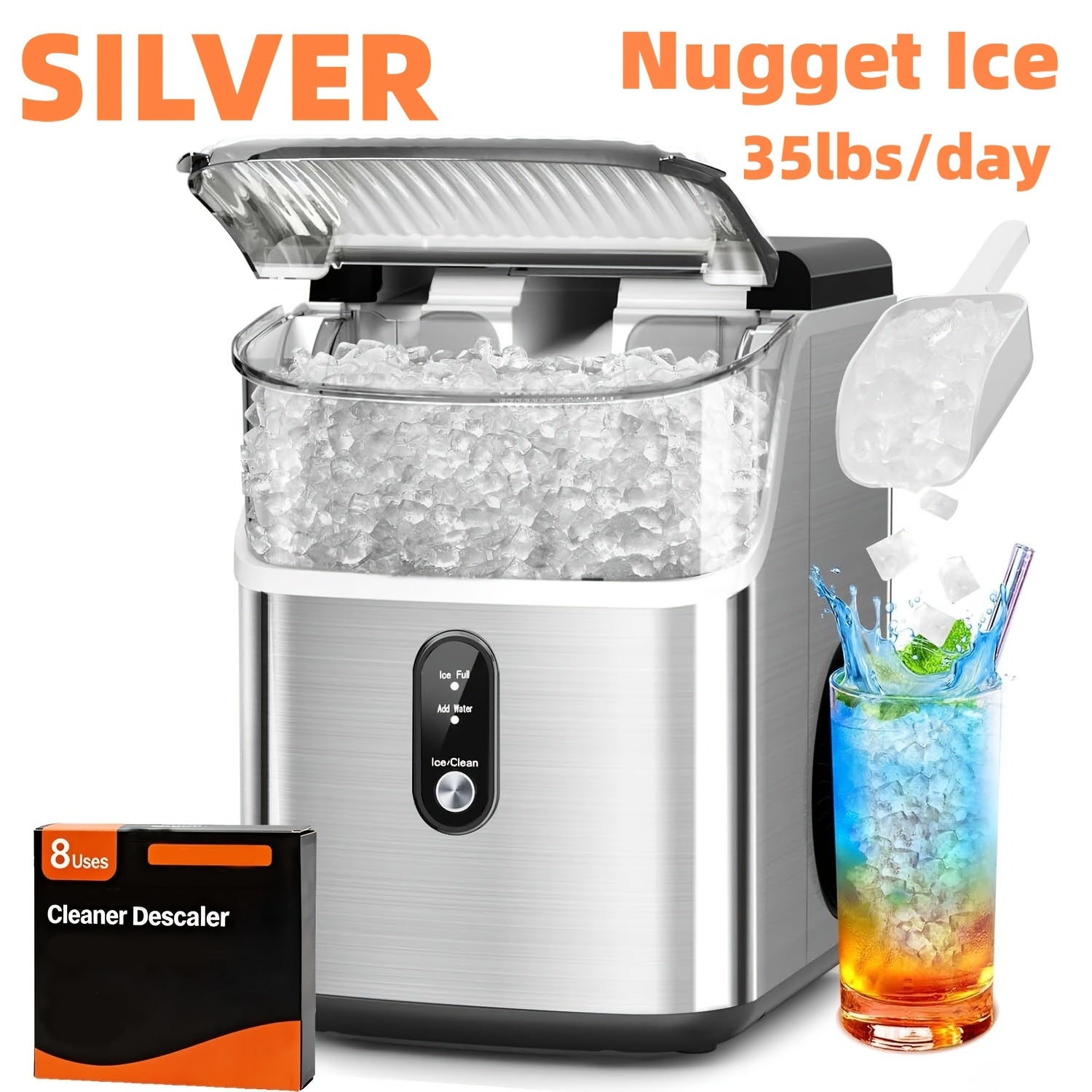 Nugget Ice Maker Countertop Pebble Ice Machine 26 Lbs 35 Lbs Per Day, Sonic Ice Bullet Ice Cube Options, Self-Cleaning Ice Maker with Ice Scoop and Basket, Portable Ice Machine for Home Kitchen Bar RV