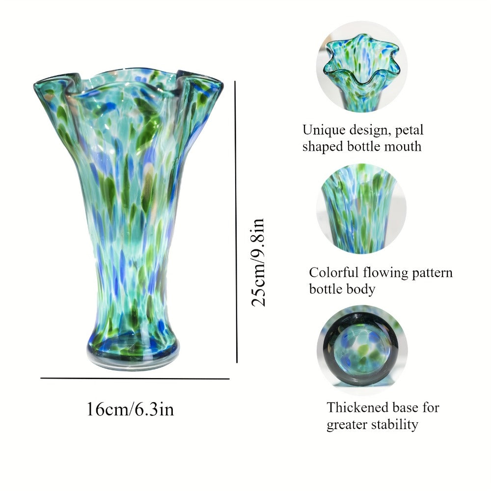 Hand Blown Glass Vase Colorful Wide Mouth, Teal Green Art Glass Flower Vase for Fresh Flowers & Spring Arrangements, Decorative Centerpiece for Bookshelf, Dining Table, Bedroom & Living Room