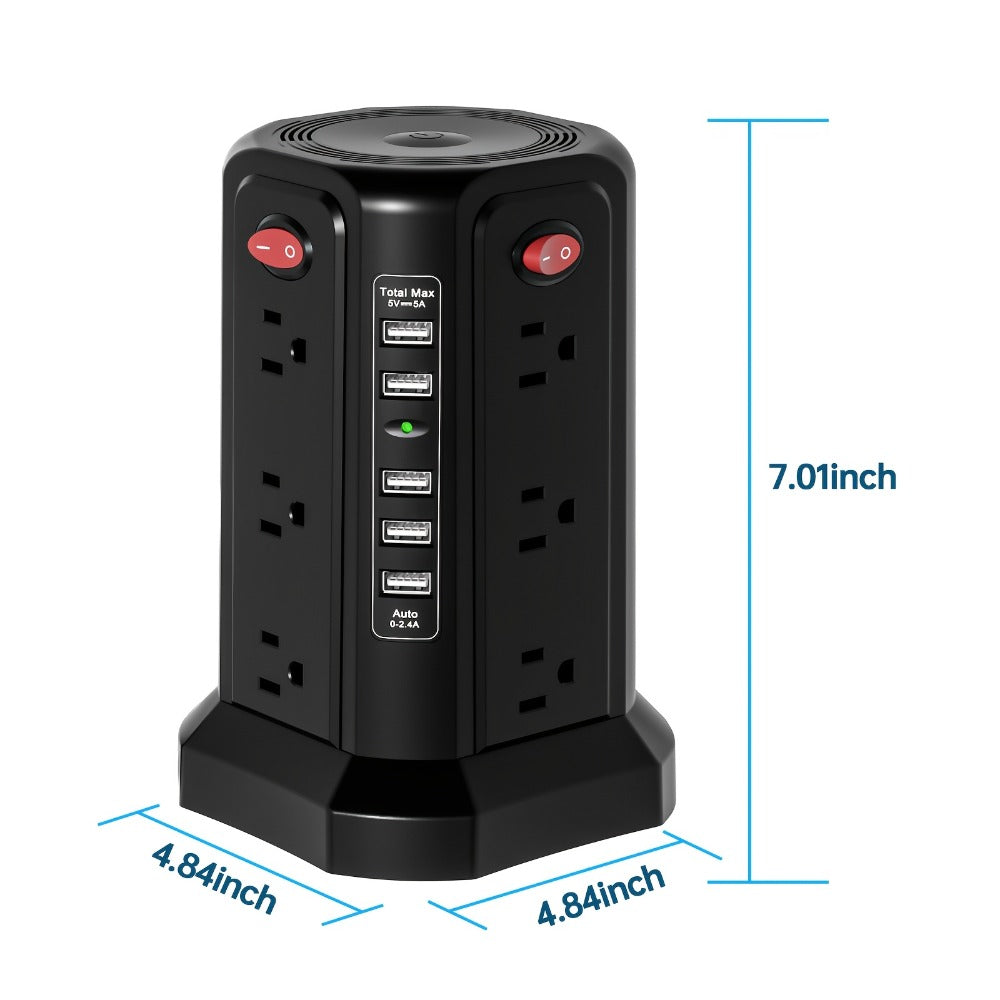 Surge Protector Power Strip Tower with 12 AC Outlets 5 USB Ports 8.8FT Extension Cord Night Light 4 Individual Switches Overload Protection for Home Office Desk Dorm Room