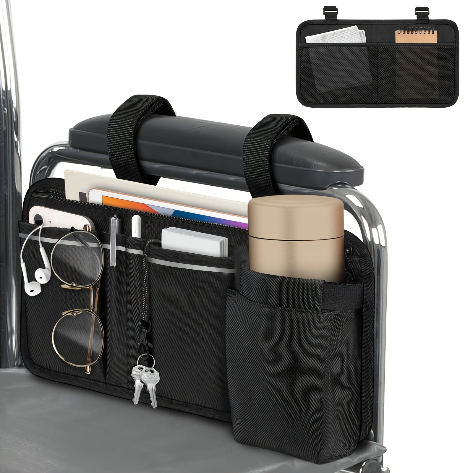 Wheelchair Bag Side Storage with Cup Holder Reflective Strips 8 Pockets 14x7.5 Inch for Electric Power Wheelchairs Walkers Rollators Accessories for Seniors
