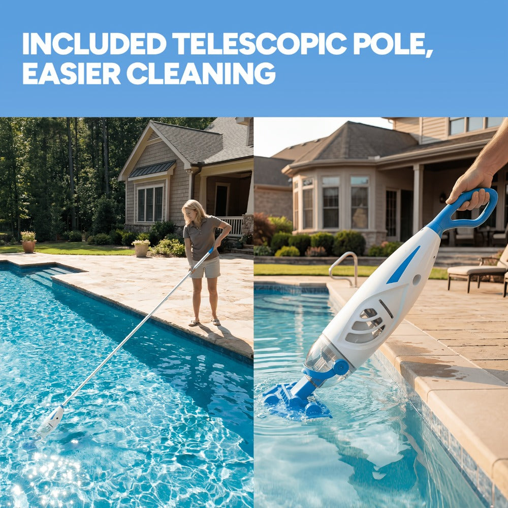 Cordless Pool Vacuum Cleaner with Telescopic Pole, 15.8 GPM Powerful Suction, 60-Min Runtime, Handheld Rechargeable Pool Cleaner for Above Ground & Inground Pools, Removes Leaves & Debris