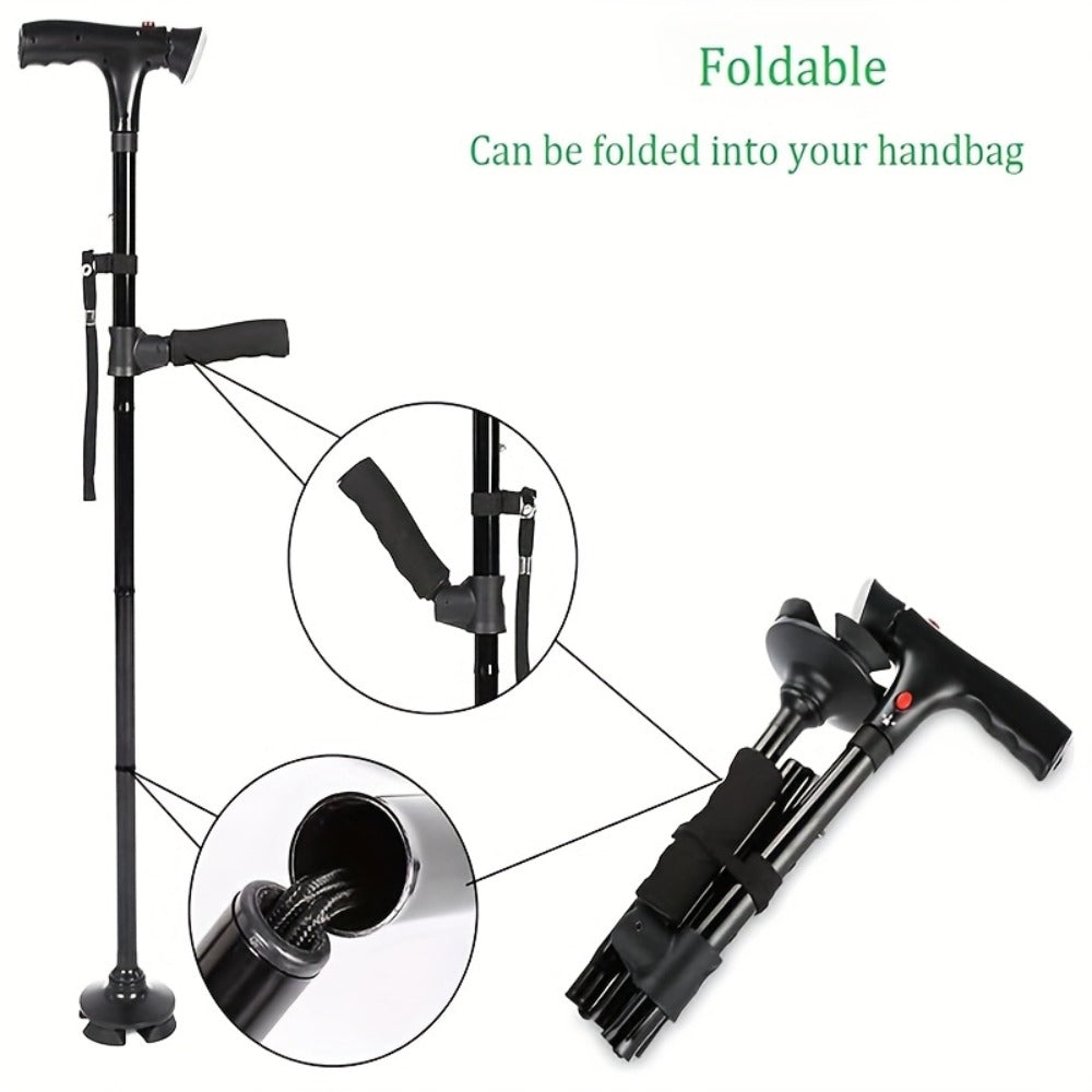 Foldable Walking Cane for Seniors Adjustable Height Folding Stick with Wrist Strap T-Handle Printed Design Portable Lightweight Mobility Aid Gift for Parents