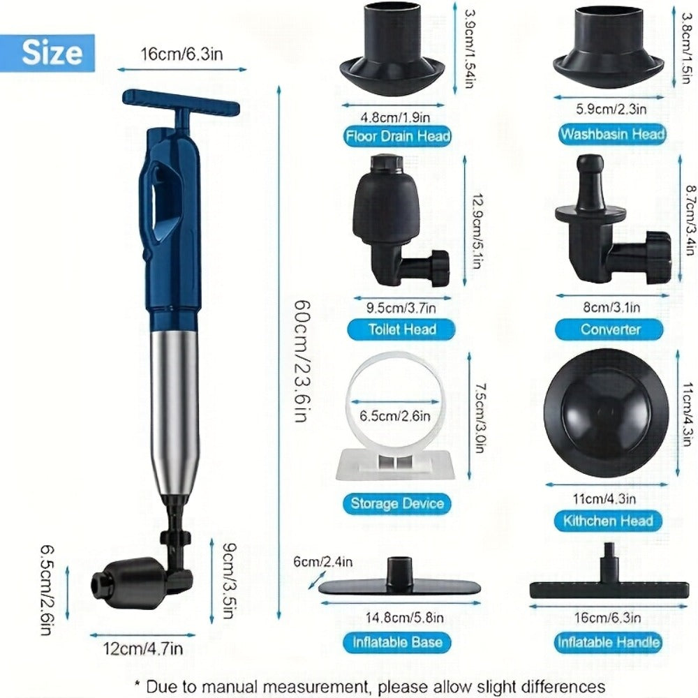 Toilet Plunger Set High Pressure Air Drain Unclogger - Stainless Steel Toilet Snake & Air Discharge Impactor for Clogged Toilet, Kitchen Sink, Bathroom Drain & Pipe Blockage Removal