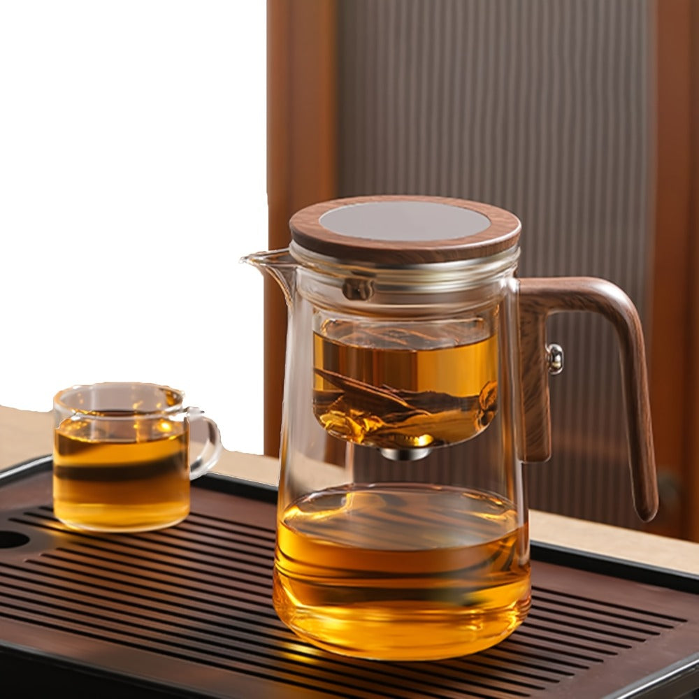 Glass Teapot with Infuser & Wooden Handle ¨C Borosilicate Tea Kettle, One-Button Tea-Water Separation, Drip-Free Spout, 27oz for Loose Leaf & Blooming Tea, Holiday Gift for Men & Women