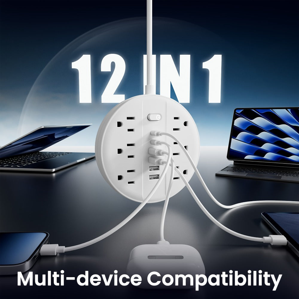 Surge Protector Power Strip 12-in-1 with 6 AC Outlets 4 USB-A 2 USB-C Flat Plug Wall Mount Overload Protection Desk Charging Station for Home Office Travel