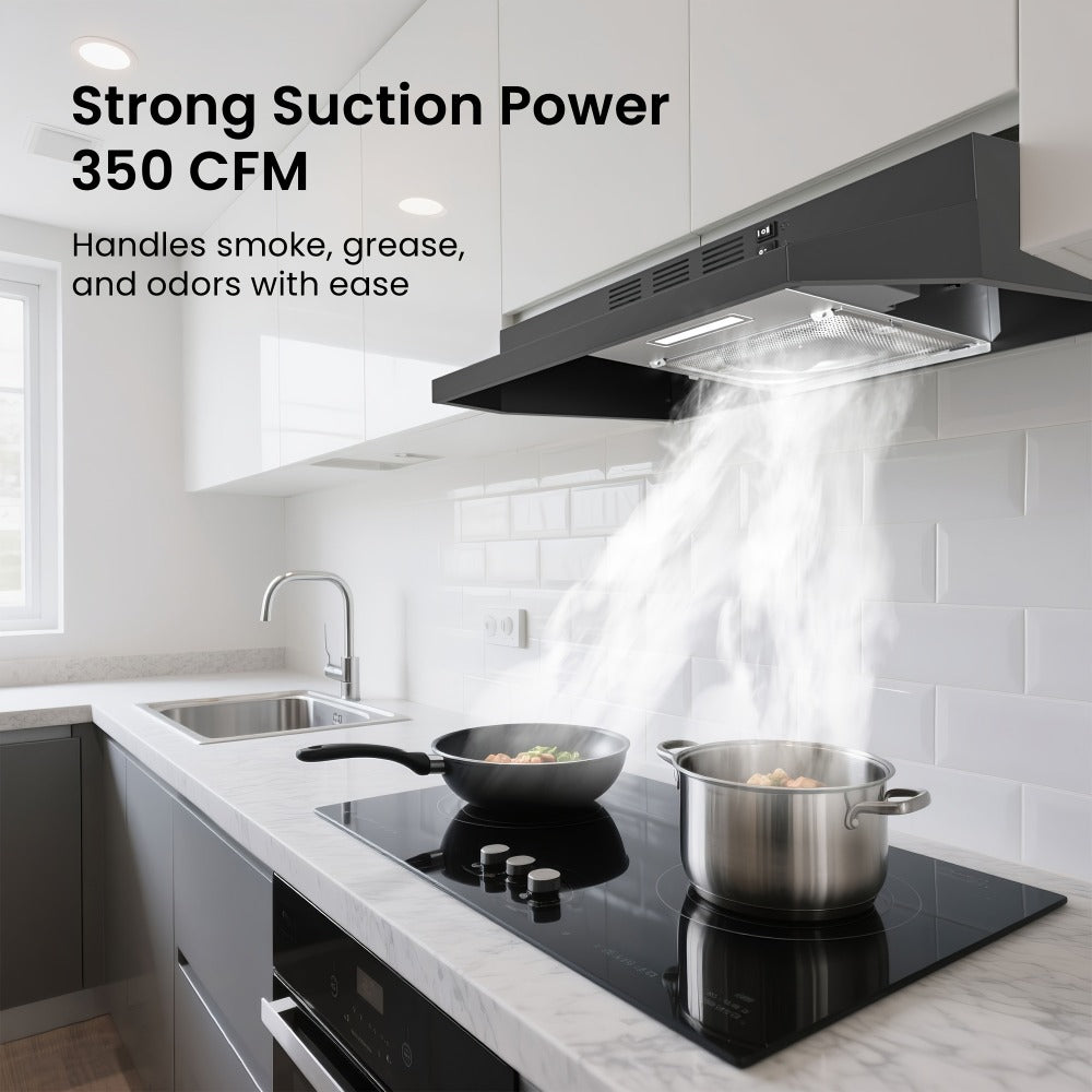 Range Hood 30 Inch Under Cabinet 350 CFM Ducted Ductless Convertible Kitchen Vent Hood with LED Light 2-Speed Exhaust Fan Stainless Steel Black White