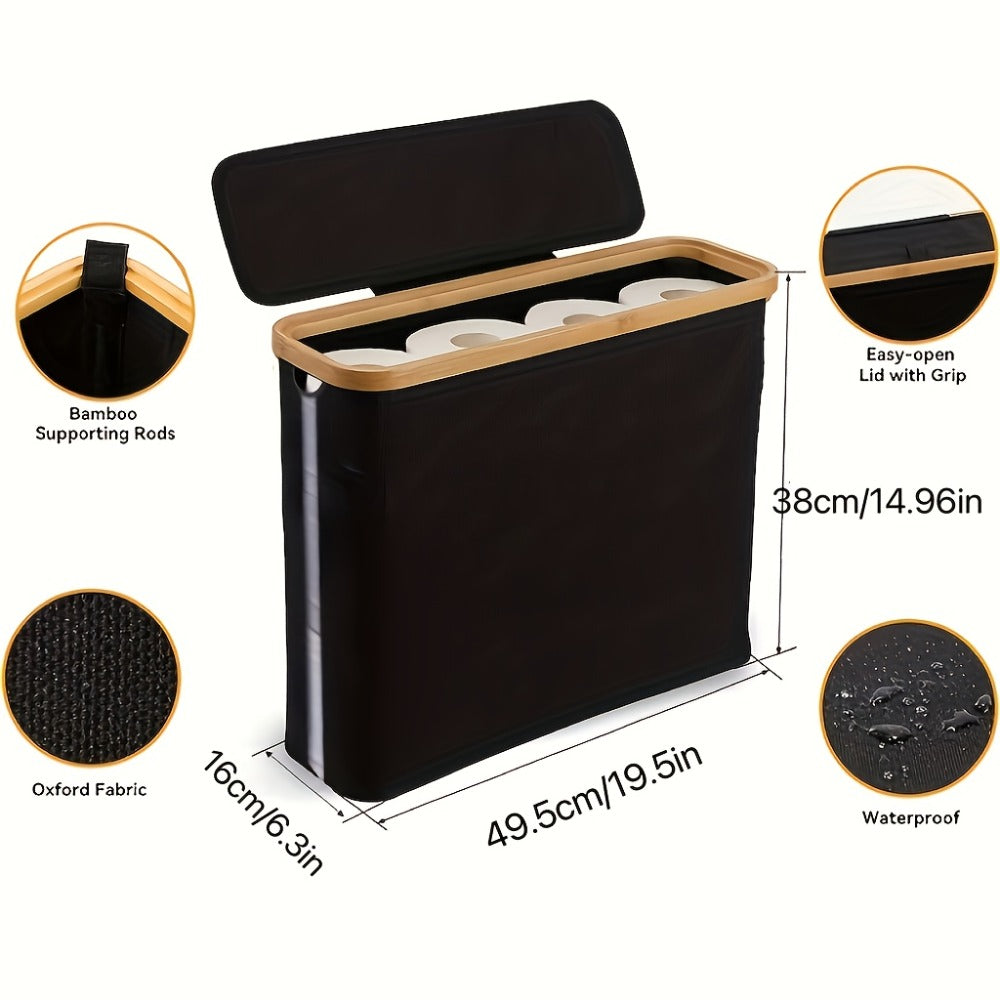 Toilet Paper Storage Basket with Bamboo Lid ¨C Large Capacity Holds 9-12 Rolls | 600D Oxford Cloth Dustproof Bathroom Organizer | Modern Farmhouse Tissue Roll Holder for Bathroom