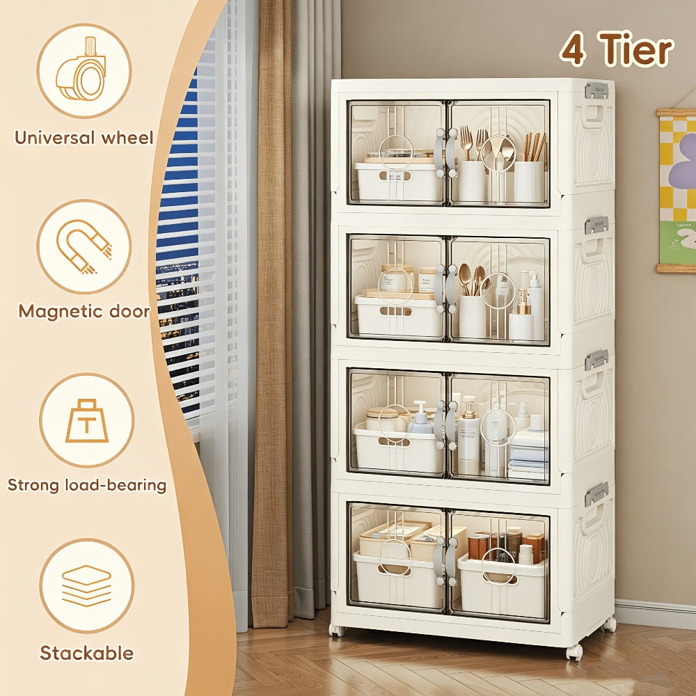 Collapsible Storage Bin with Lid ¨C Foldable Storage Cabinet 2/3/4/5 Layer 48QT Plastic Organizer | Freestanding Storage Rack for Home, Living Room, Kitchen & Bathroom | Snack & Box Storage Container
