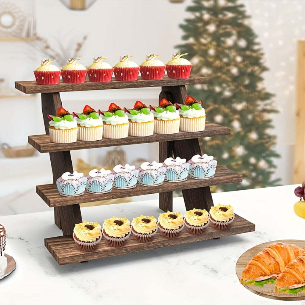 Cupcake Stand 4 Tier Rustic Wooden Dessert Tower Tool-Free Assembly for Birthday Baby Shower Wedding Halloween Christmas Party Display