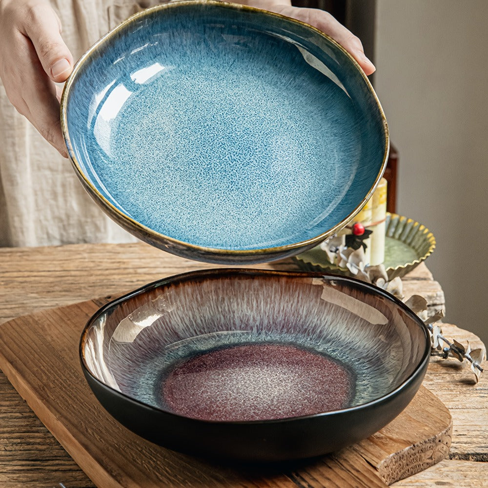 Irregular Deep Dish Ceramic Plate | Artisan Handcrafted Salad Soup Bowl Dish | Unique Edge Design | Dishwasher Safe Tableware for Family Dining