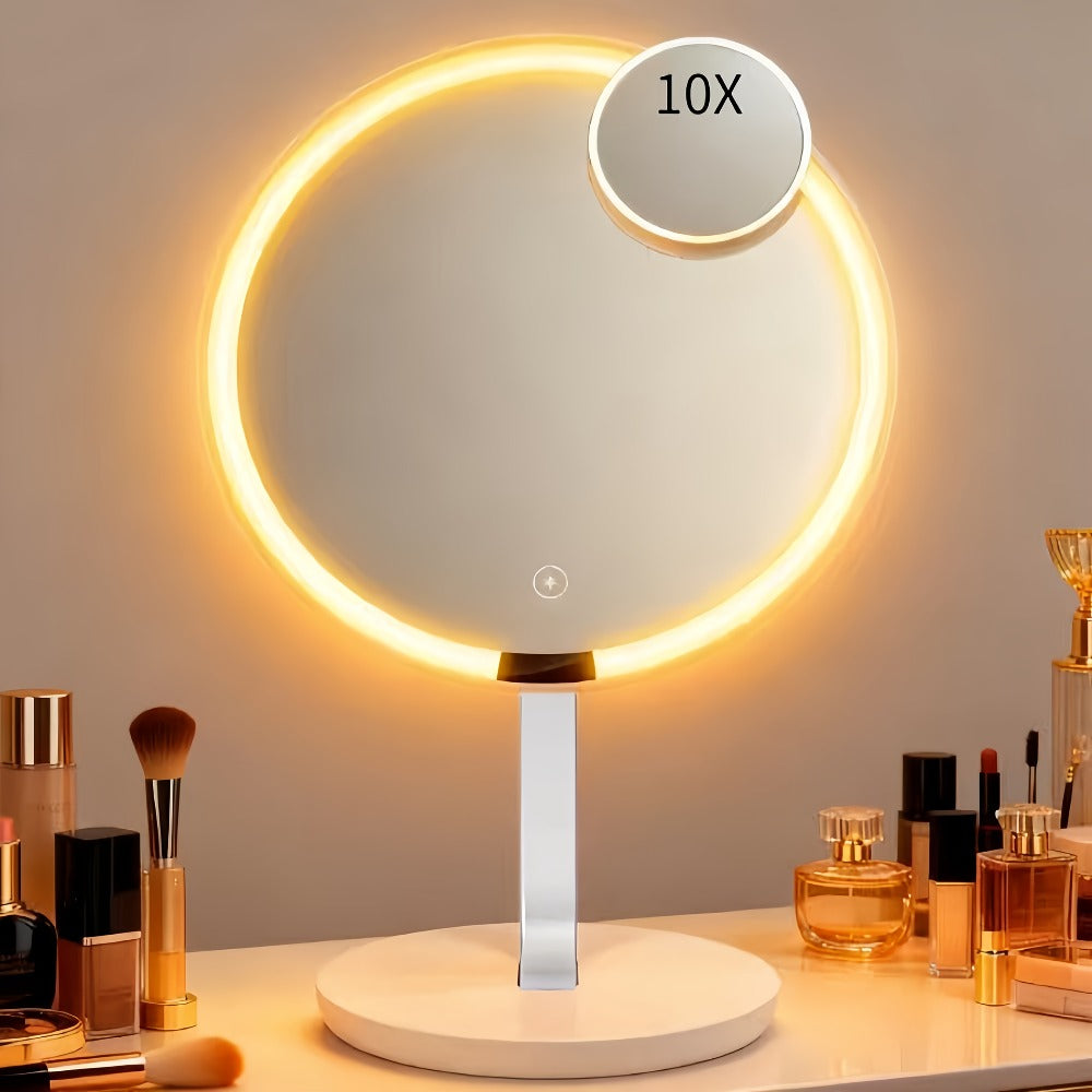LED Makeup Mirror with Lights & 10X Magnification - Touch Dimming Desktop Vanity Mirror, Adjustable Brightness, Portable Handheld Design for Bathroom, Bedroom & Office, Ideal Gift for Women