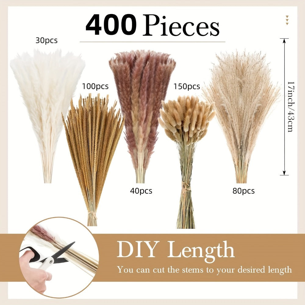 Dried Pampas Grass Decor 17 Inch Natural Bouquet | Boho Home Wedding Party Flower Arrangement White Pampas Brown Reed Bunny Tail Easter Basket Stuffers Mother's Day Gift
