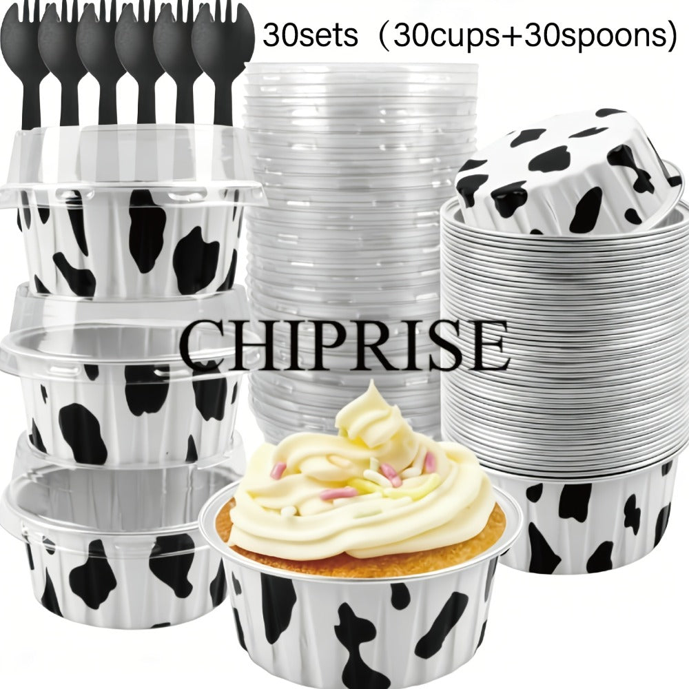 Aluminum Foil Baking Cups with Lids, Disposable Cupcake Molds with Spoons, Oven Safe Foil Dessert Cups for Pudding Muffins Mousse, Party Baking Supplies for Weddings Birthdays, 30 or 50 Sets