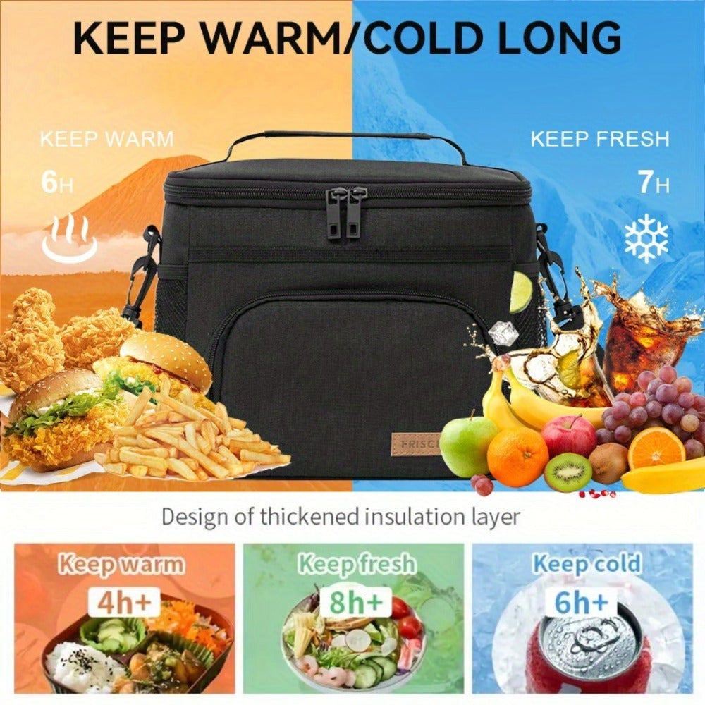 Insulated Lunch Bag with Adjustable Shoulder Strap - Leakproof Reusable Cooler Bag for Men Women Portable Fresh Keeper | Black Grey Blue | Office Travel Beach Picnic Camping School