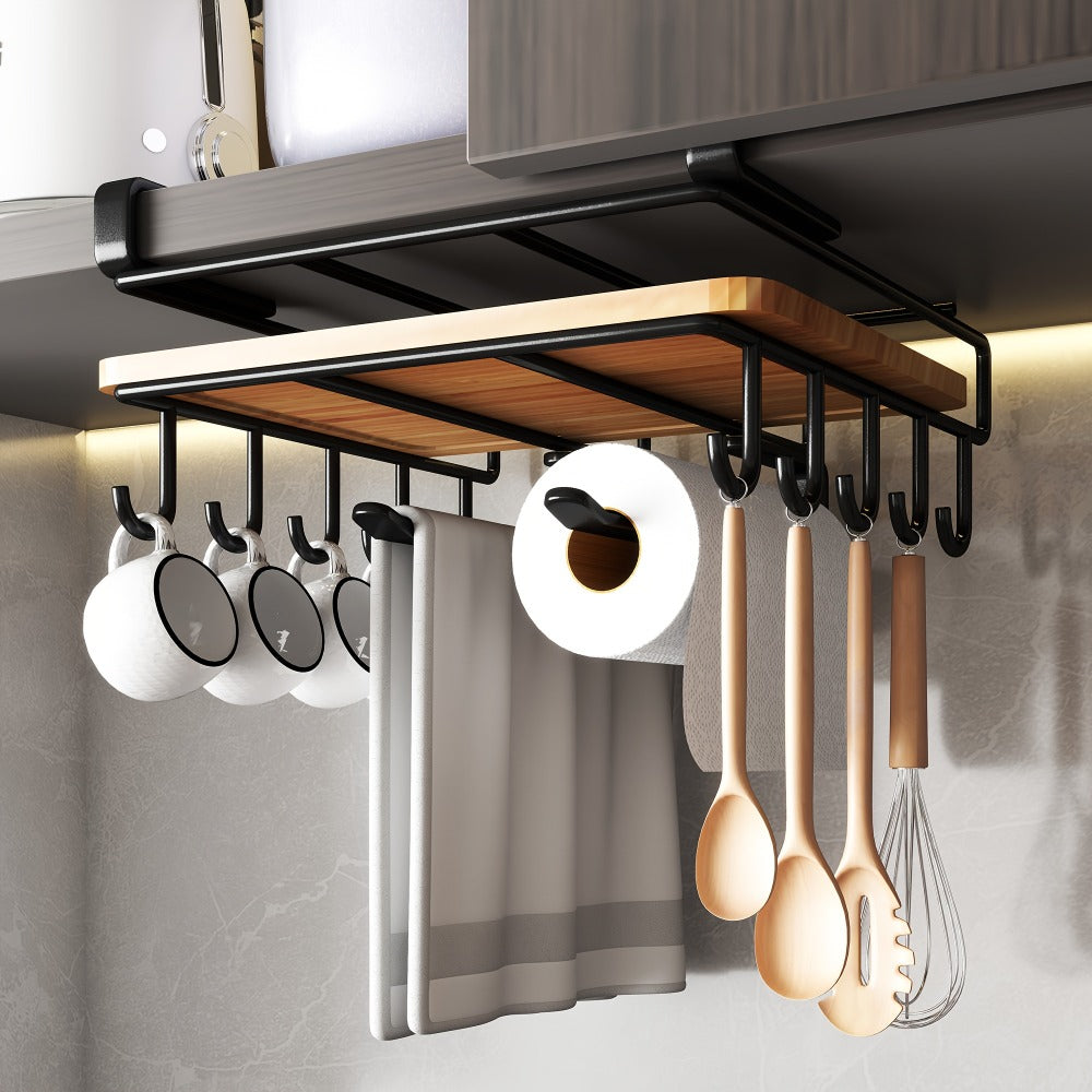Under Cabinet Organizer Rack with Hooks ¨C Heavy Duty Carbon Steel Kitchen Shelf for Utensils, Towels, Cups & Cutting Boards ¨C No-Drill Door-Mount Space-Saving Kitchen Storage