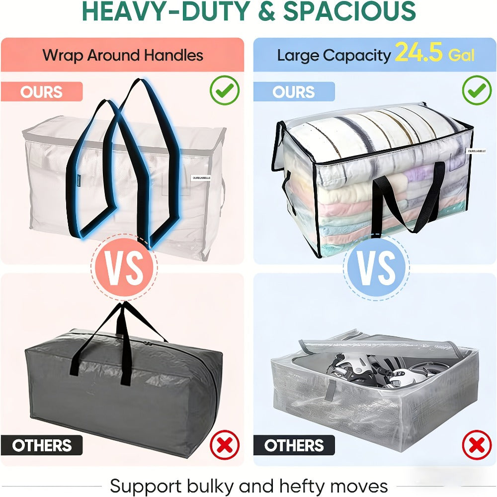 Heavy-Duty Moving Bags Set of 6 ¨C Oversized Storage Totes with Reinforced Handles & Snap-Close Lid, Space Saver Bags for Clothes, Quilts & Moving Supplies, Transparent