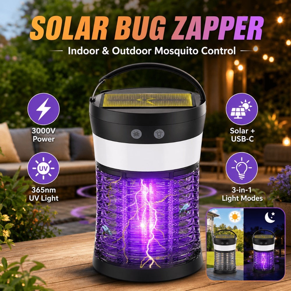 Solar Bug Zapper Electric 3-in-1 ¨C 3000V UV 365nm Mosquito Killer Rechargeable Insect Fly Trap with White Light & Flashlight, 2100 Sq Ft Coverage for Indoor Outdoor Home Patio Backyard Camping ¨C Black