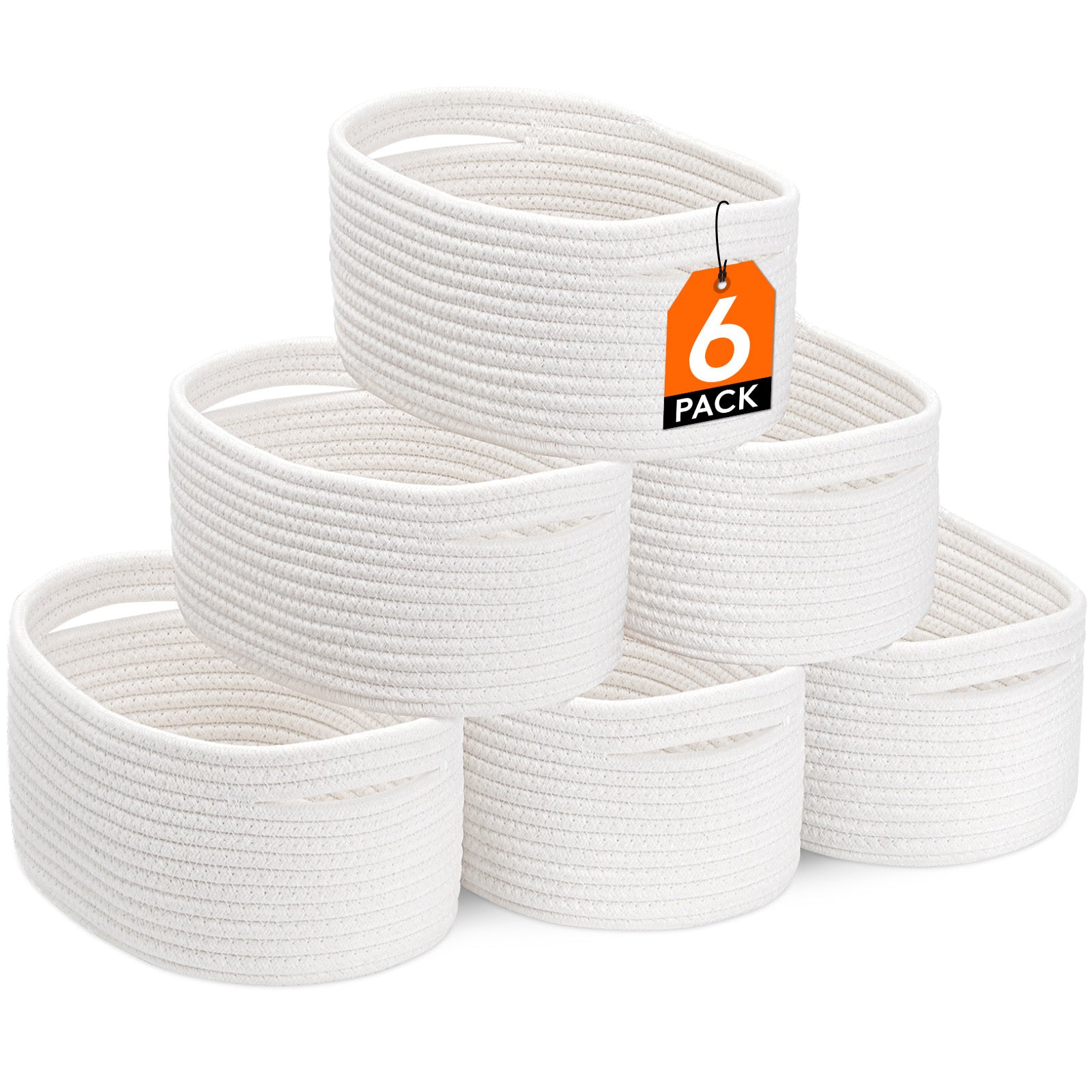 Woven Storage Baskets 6-Pack Cotton Rope Cube Bins 11x7x5¡± | Handmade Small Shelf Baskets for Organizing Closet Bedroom Living Room Playroom | Round Decorative Storage Caddy Multiple Colors
