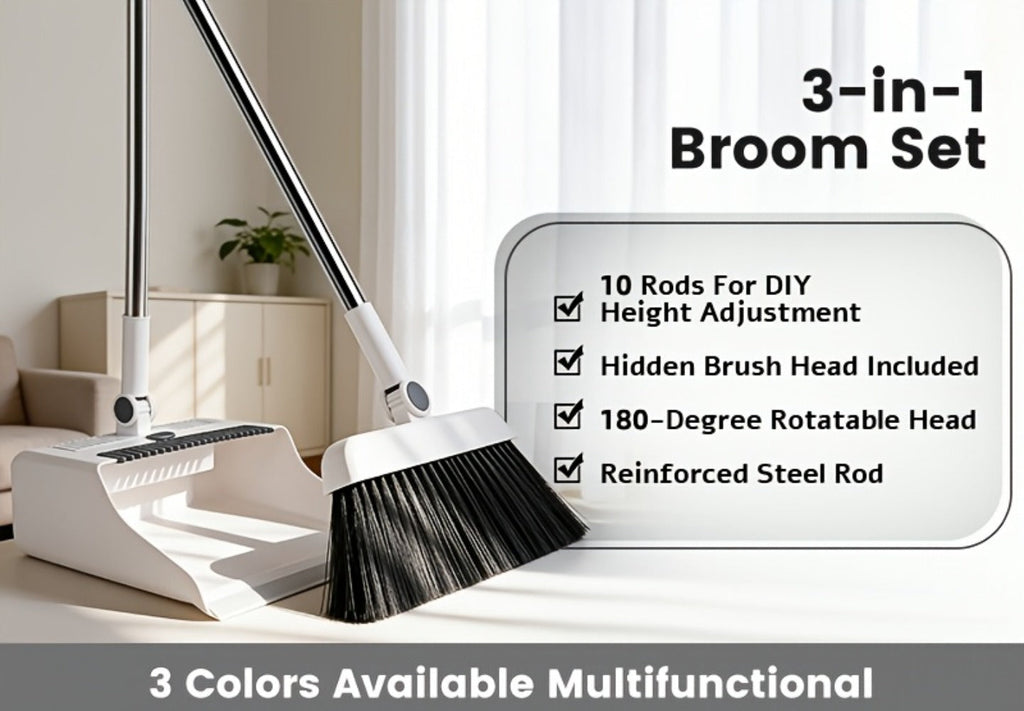 Broom and Dustpan Set 3-in-1 with Wiper - Non-Stick Hair Sweeper Household Floor Broom Combo for Indoor Outdoor Use - Ergonomic Handle Dustpan Broom Kit for Home Kitchen Office - White Pink Gray