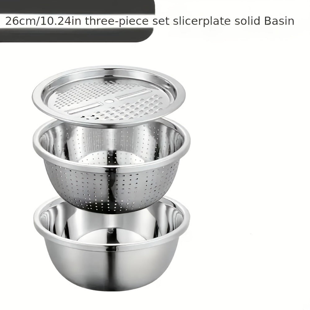 Stainless Steel 3-in-1 Kitchen Prep Set with Mixing Bowl Built-In Grinder Multi-Layer Slicer and Drainage System Food Safe Prep Bowl for Fruits Vegetables Cheese