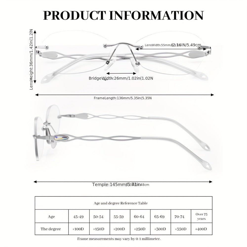 Rimless Reading Glasses for Women 3 Pack - Blue Light Blocking Lightweight Metal Frameless Readers with Anti Eyestrain Lenses, Multiple Colors and Magnifications 1.0X to 4.0X