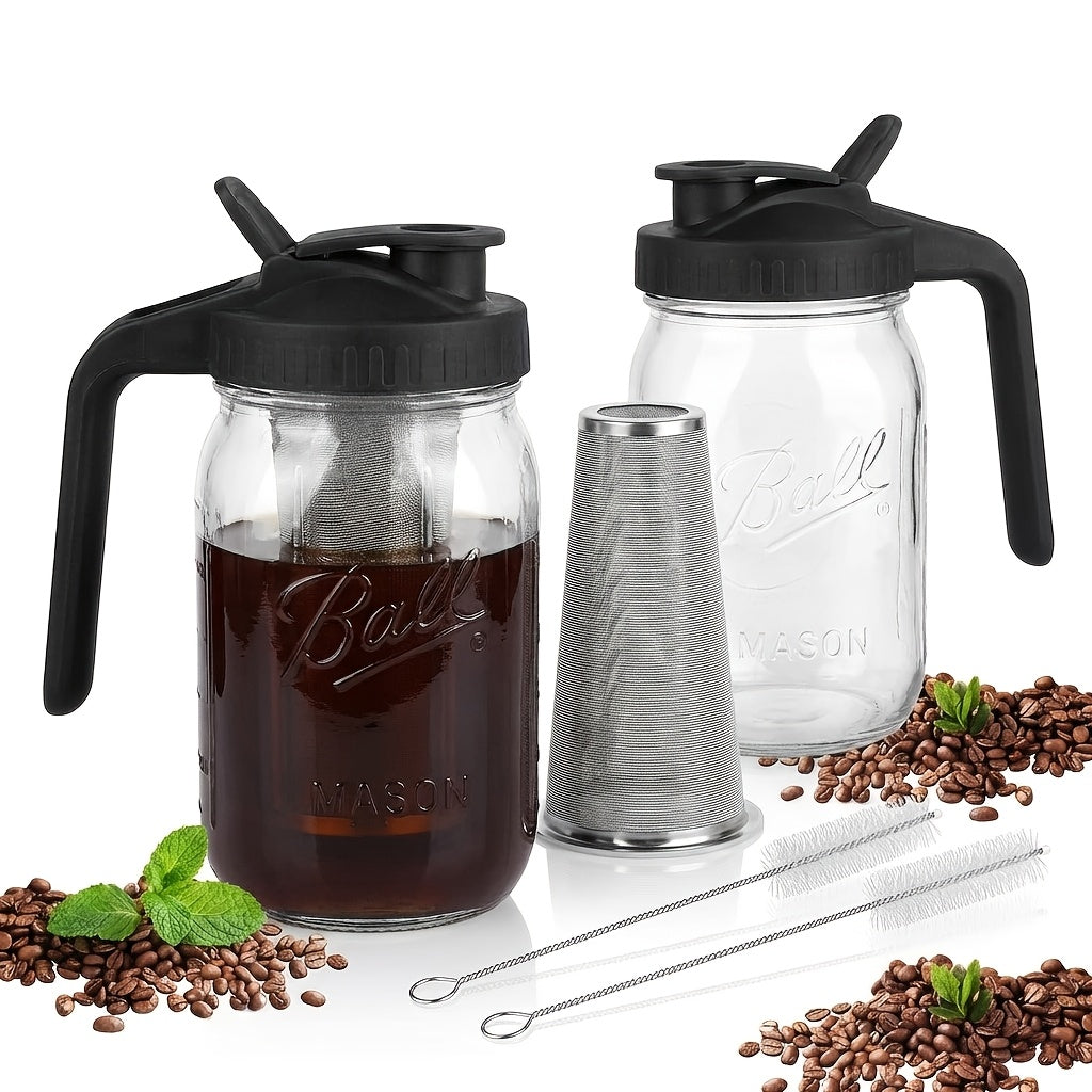 Cold Brew Coffee Pot Set with Stainless Steel Filters & Cleaning Brush - 32oz Glass Mason Jar Cold Brew Maker for Home, Kitchen & Restaurant, Multi-Serve Cold Brew Pitcher Set for Family & Entertaining