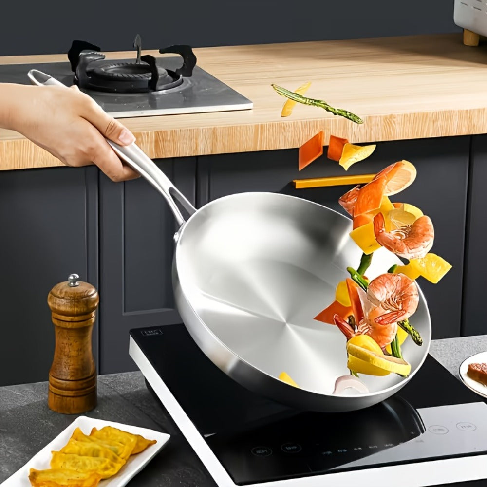 304 Stainless Steel Frying Pan 11 Inch Triply Base ¨C Ergonomic Handle Even Heat Distribution Dishwasher Safe | Induction Compatible Professional Restaurant Grade Skillet 26cm Kitchen Cookware
