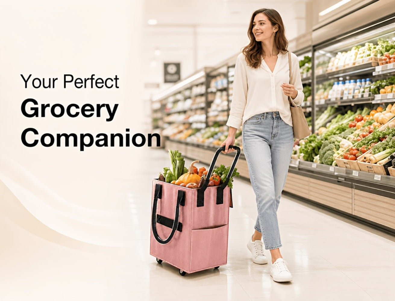 Rolling Grocery Bag with Wheels 60L Extra Large | 16 Gallon Heavy Duty Foldable Shopping Cart Waterproof | Multi-Function Travel Tote Utility Bag in Black Rose Gold