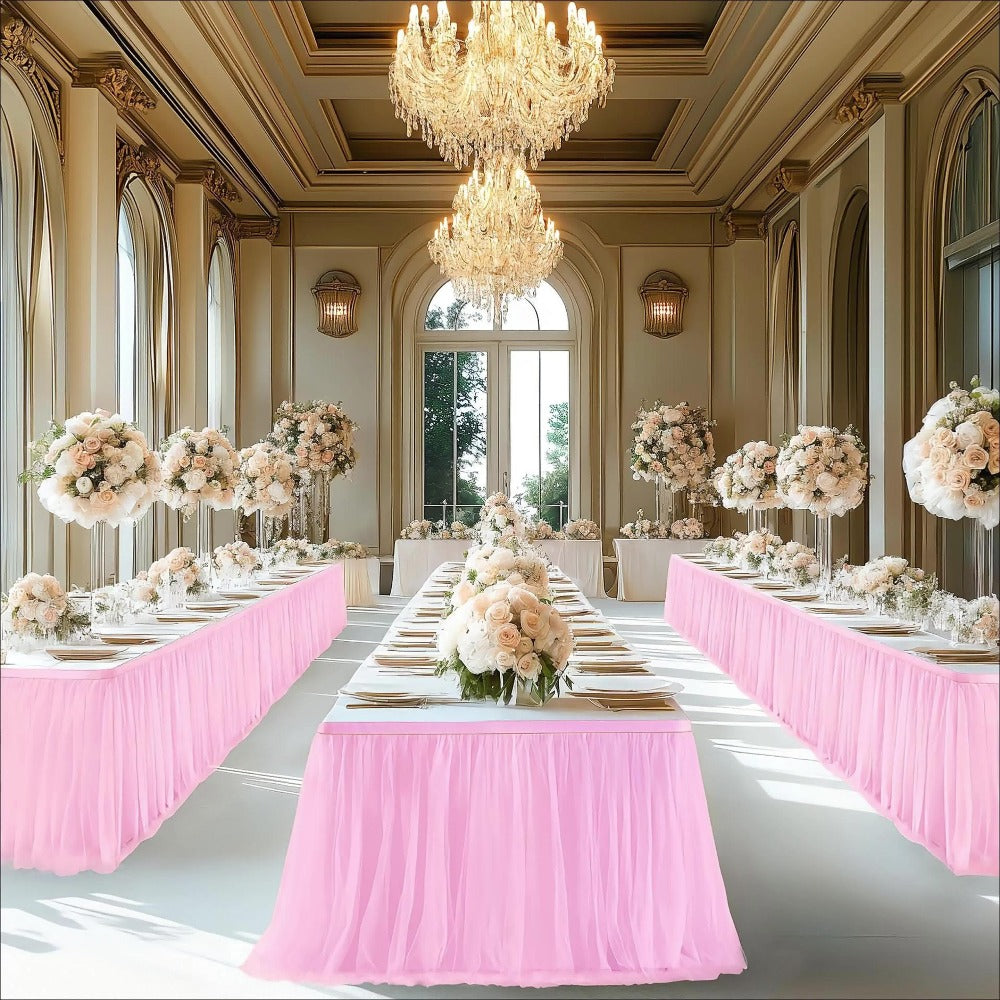 Pink Tutu Table Skirt 6ft ¨C Ruffle Tulle Table Skirt for Rectangle & Round Tables, Princess Girls Birthday Party, Cake Dessert Table Decor, Gold Brim, Multiple Colors Available