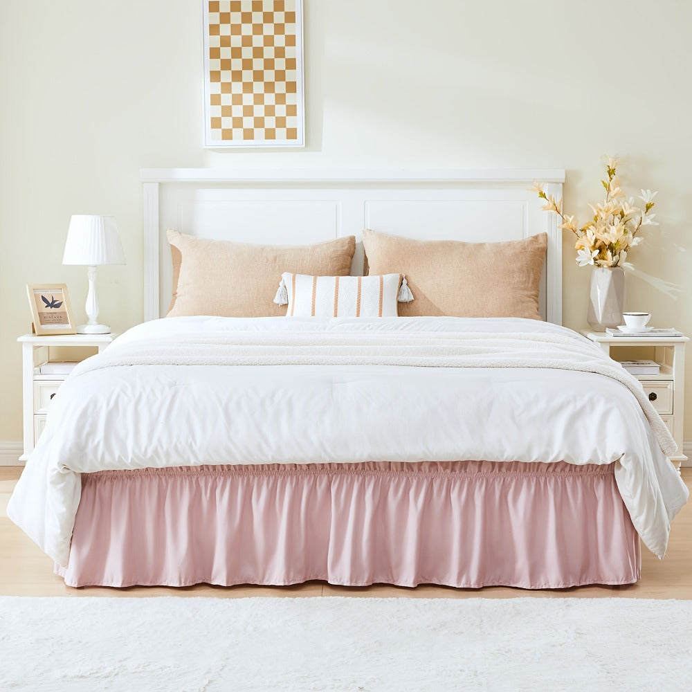 Bed Skirt Elastic Wrap Around Ruffle - 15 Inch Drop Microfiber Dust Ruffle, Adjustable No-Lift Fit, Fade Resistant Machine Washable, Hotel Quality Bedskirt for Twin Full Queen King, 30 Colors