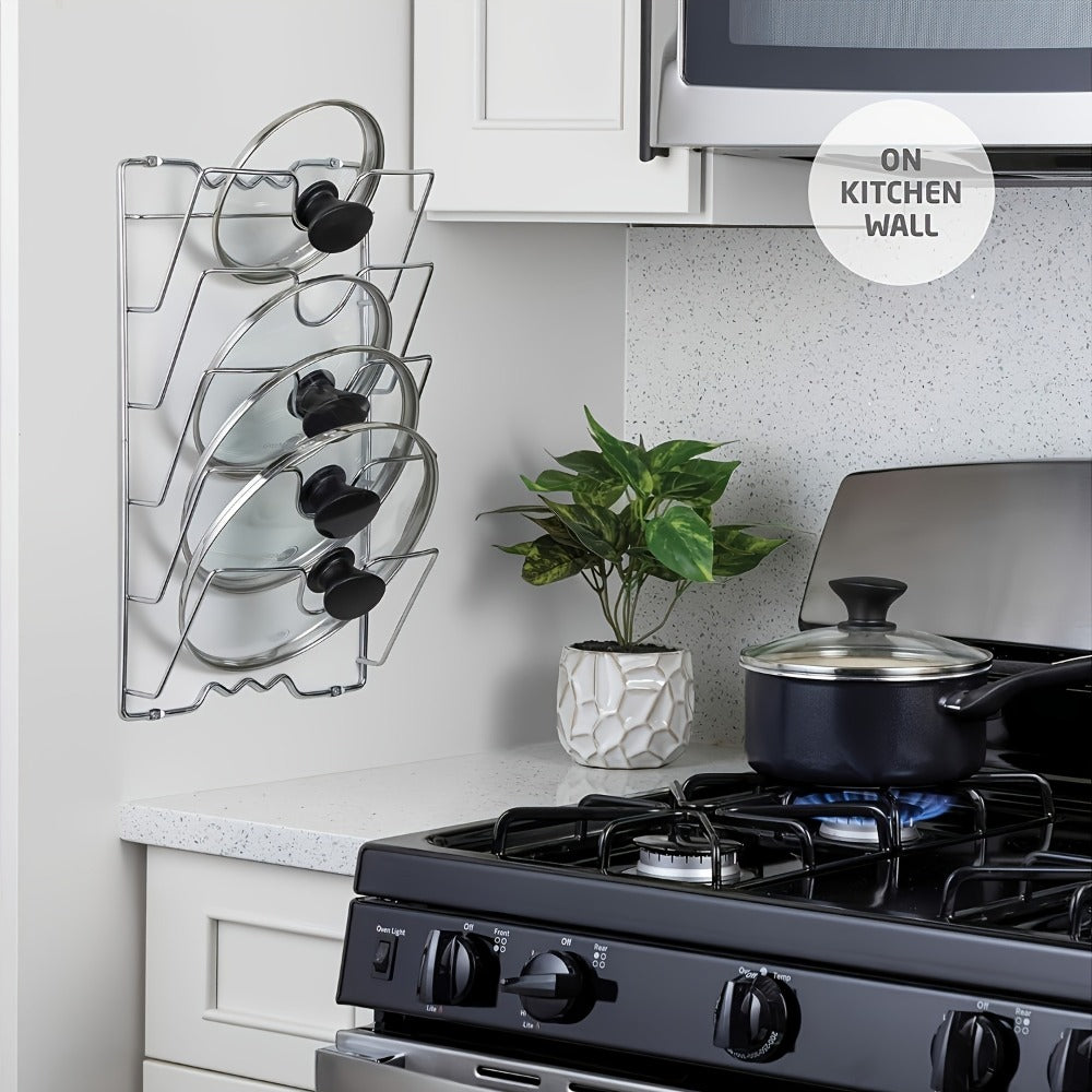 Pot Lid Organizer Wall Mounted Metal Rack | Multi-Level Hanging Pot and Lid Holder for Kitchen Storage | Space Saving Cabinet Door or Wall Mount Cookware Organizer for Home & Restaurant